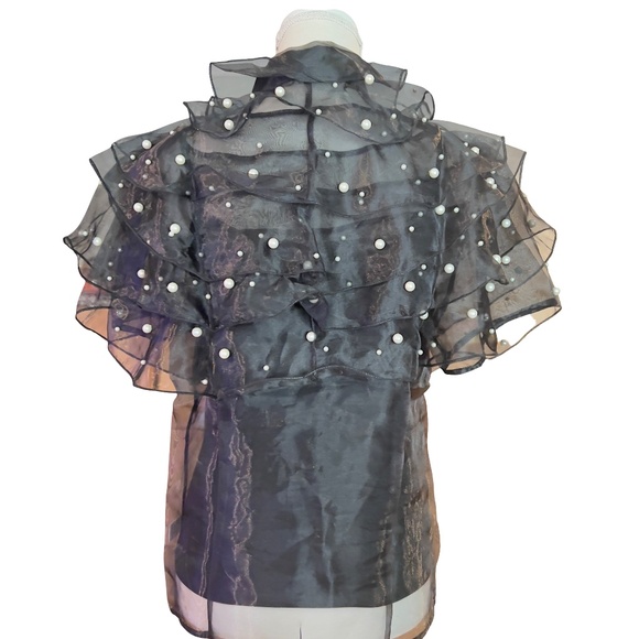 #A018  Nancy EveningGlam ModernElegance Black Organza Pearl Ruffle Blouse NWOT L - Picture 2 of 7